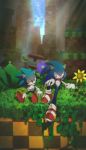  2boys animal_nose black_eyes commentary dual_persona flower furry gloves grass green_eyes green_hill_zone highres icen-hk looking_at_another male_focus multiple_boys open_mouth red_footwear shoes sitting sneakers sonic sonic_generations sonic_the_hedgehog sunflower totem_pole white_gloves 