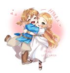  1boy 1girl bangs blonde_hair blush chibi couple dress earrings gloves green_eyes hug jewelry lazoomaiga link long_hair nintendo open_mouth pointy_ears princess_zelda smile the_legend_of_zelda the_legend_of_zelda:_breath_of_the_wild 