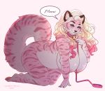 2020 all_fours anthro bell bell_collar belly big_belly big_breasts blonde_hair blue_eyes breasts collar curvy_figure dialogue felid female fur hair half-closed_eyes hanging_breasts hi_res highlights_(coloring) huge_breasts leash long_hair looking_at_viewer mammal marzipan_(spottedtigress) multicolored_body multicolored_fur narrowed_eyes nipples nude overweight overweight_anthro overweight_female pantherine pawpads pink_background pink_body pink_fur pink_highlights seductive signature simple_background solo speech_bubble spottedtigress striped_body striped_fur stripes text thick_thighs tiger voluptuous white_body white_fur 