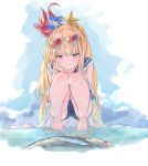  1girl absurdres animal betabeet blonde_hair blue_eyes bonito bonito_(granblue_fantasy) cagliostro_(granblue_fantasy) cameltoe fish granblue_fantasy heart heart-shaped_eyewear highres lips long_hair official_alternate_costume sailor_collar school_swimsuit soaking_feet solo squatting swimsuit toes very_long_hair 