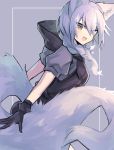  1girl animal_ears arknights black_gloves braid brown_eyes commentary_request fang gloves large_tail long_sleeves looking_at_viewer open_mouth provence_(arknights) puffy_short_sleeves puffy_sleeves purple_background purple_hair sasa_onigiri short_sleeves simple_background single_braid solo tail wolf_ears wolf_tail 