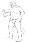  anthro barefoot belly black_and_white bottle briefs canid canine canis clothed clothing eyewear facial_hair glasses male mammal monochrome moobs mustache navel nipples overweight overweight_anthro overweight_male simple_background solo thegreatmatsutzu topless underwear white_background wolf 