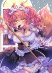  1girl alternate_costume animal_ear_fluff animal_ears apron breasts cleavage enmaided eyebrows_visible_through_hair fate/extella fate/extra fate_(series) fox_ears fox_girl fox_tail holding large_breasts looking_at_viewer maid maid_apron maid_dress maid_headdress merichi_(ogaomega) pink_hair solo tail tamamo_(fate)_(all) tamamo_no_mae_(fate) waist_apron white_apron yellow_eyes 