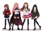  4girls ahoge aisaka_taiga black_hair black_skirt bread brown_eyes brown_hair cape finger_to_mouth flat_chest food highres holding holding_food idolmaster idolmaster_(classic) kugimiya_rie long_hair looking_at_viewer louise_francoise_le_blanc_de_la_valliere luicent minase_iori multiple_girls pink_eyes pink_hair purple_eyes school_uniform seiyuu_connection shakugan_no_shana shana skirt standing thighhighs toradora! very_long_hair white_background zero_no_tsukaima 