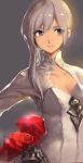  1girl absurdres cleavage_cutout clothing_cutout collarbone faux_traditional_media flower frown highres hoojiro long_hair looking_to_the_side rose signature silver_eyes silver_hair simple_background sinoalice sketch snow_white_(sinoalice) solo upper_body 