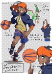  1boy basketball basketball_hoop black_hair black_hoodie dark_skin dark_skinned_male earrings enishi_(menkura-rin10) flygon gen_3_pokemon green_eyes gym_leader highres holding jewelry motion_blur motion_lines multiple_views one_eye_closed orange_headwear pokemon pokemon_(creature) pokemon_(game) pokemon_swsh raihan_(pokemon) shoes shorts smile teeth throwing translation_request 