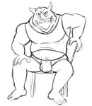  barefoot black_and_white briefs bulge chair clothing furniture hand_on_leg male mammal monochrome navel overweight overweight_male rhinocerotoid rocksteady shirt simple_background sitting slightly_chubby solo tank_top thegreatmatsutzu topwear underwear white_background 