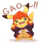  aqua_eyes black_hoodie claw_pose commentary_request cosplay full_body gen_1_pokemon hands_up misonikomiii no_humans open_mouth orange_headwear pikachu pokemon pokemon_(creature) raihan_(pokemon) raihan_(pokemon)_(cosplay) solo teeth tongue 