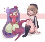  2girls alternate_color black_legwear blue_eyes breasts brown_hair claire_(clarevoir) clarevoir commentary english_commentary eye_contact flying_sweatdrops full_body gen_7_pokemon gloria_(pokemon) heart looking_at_another mixed-language_commentary multiple_girls no_shoes pokemon pokemon_(creature) pokemon_(game) pokemon_swsh purple_eyes shiny_pokemon sitting small_breasts socks tsareena 