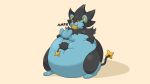 16:9 ambiguous_gender belly big_belly black_body black_fur blue_body blue_fur duo feral food force_feeding forced fur hyper hyper_belly luxray nintendo pok&eacute;mon pok&eacute;mon_(species) pukupukudragon quadruped shinx simple_background size_difference sound_effects standing stuffing text thick_thighs video_games widescreen 