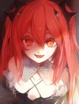  1girl :d absurdres criss-cross_halter eyelashes fangs hair_between_eyes hair_ornament halterneck highres hoojiro krul_tepes light_particles long_hair looking_at_viewer open_mouth owari_no_seraph portrait red_eyes red_hair smile solo twintails vampire 
