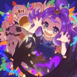  1girl acerola_(pokemon) armlet blush claw_pose commentary_request dress eyelashes fingernails gen_7_pokemon grey_eyes hair_ornament highres looking_at_viewer mimikyu open_mouth palossand pokemon pokemon_(creature) pokemon_(game) pokemon_sm purple_hair smile stitches tom_(pixiv10026189) tongue topknot 