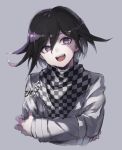  1boy asuna_(doruru-mon) bangs black_hair checkered checkered_scarf commentary_request danganronpa eyebrows_visible_through_hair grey_background hair_between_eyes highres jacket long_sleeves looking_at_viewer male_focus medium_hair multicolored_hair new_danganronpa_v3 open_mouth ouma_kokichi pink_hair purple_eyes purple_hair scarf self_hug simple_background smile solo straitjacket upper_body upper_teeth 