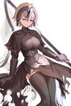  1girl absurdres arm_support black_capelet black_legwear blonde_hair breasts capelet closed_mouth fate/grand_order fate_(series) gauntlets headpiece highres holding hoojiro jeanne_d&#039;arc_(alter)_(fate) jeanne_d&#039;arc_(fate)_(all) large_breasts short_hair smile solo standing thighhighs underbust white_background yellow_eyes 