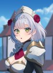  1girl :o armor blue_sky braid breasts cleavage dress flower genshin_impact green_eyes hair_flower hair_ornament hat highres looking_at_viewer maid maid_headdress noelle_(genshin_impact) open_mouth red_flower red_rose rose short_hair shoulder_armor silver_hair sky solo upper_body wowk 