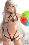  1girl absurdres altera_(fate) bikini black_bikini breasts closed_mouth collar cowboy_shot detached_sleeves fate/extella fate/extra fate_(series) head_tilt headband highres hoojiro long_sleeves looking_at_viewer navel red_eyes short_hair simple_background small_breasts solo standing swimsuit twitter_username veil white_background white_hair 