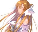  1girl asuna_(sao) bangs bare_shoulders blush braid breasts brown_eyes brown_hair closed_eyes closed_mouth collarbone commentary_request detached_sleeves dress floating_hair from_side gloves highres long_hair long_sleeves looking_at_viewer noro_(ro_no) shiny shiny_hair simple_background smile solo sword_art_online sword_art_online:_alicization upper_body very_long_hair white_background white_dress white_gloves 
