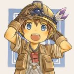  1boy :d arm_behind_head arms_up bangs blue_eyes blush brown_gloves brown_hair brown_jacket child commentary_request gloves happy hat_feather helmet highres jacket looking_at_viewer made_in_abyss male_focus natt_(made_in_abyss) open_clothes open_jacket open_mouth rua_(pixiv292244) shirt short_hair short_sleeves smile solo upper_body upper_teeth whistle whistle_around_neck 