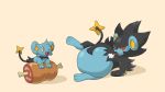  16:9 ambiguous_gender belly big_belly black_body black_fur blue_body blue_fur duo feral food fur luxray lying meat nintendo on_side pok&eacute;mon pok&eacute;mon_(species) pukupukudragon quadruped shinx simple_background size_difference stuffing video_games widescreen 