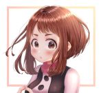  1girl bare_shoulders blush bob_cut boku_no_hero_academia eyelashes fingers_together highres looking_at_viewer open_mouth pink_neckwear short_hair simple_background syatihoko uraraka_ochako yellow_eyes 