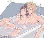  1boy 1girl artist_name bathtub black_hair blonde_hair breasts closed_eyes cloud_strife final_fantasy final_fantasy_vii green_eyes hair_bun hair_up large_breasts looking_at_another mugikoma nude parted_lips partially_submerged shared_bathing spiked_hair tifa_lockhart water 