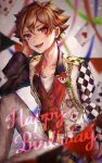  1boy ace_trappola card collarbone colorful flower formal hair_between_eyes hand_on_head heart highres looking_at_viewer multicolored multicolored_background open_mouth red_eyes red_hair rose shiny short_hair sitting suit syatihoko twisted_wonderland 