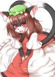  2020 anthro black_body black_fur black_nose blush brown_hair chen clothed clothing cute_fangs dipstick_ears dipstick_tail domestic_cat dress ear_piercing felid feline felis female frilly frilly_clothing fur glistening glistening_hair hair happy hat headgear headwear hi_res horokusa0519 inner_ear_fluff kemono looking_at_viewer mammal multi_tail multicolored_ears multicolored_tail open_mouth piercing portrait pupils red_clothing red_eyes simple_background slit_pupils smile solo tongue touhou tuft video_games white_background white_body white_clothing white_fur 