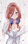  1girl absurdres bangs bare_shoulders blue_eyes blush breasts cleavage closed_mouth collarbone dress gloves go-toubun_no_hanayome hair_between_eyes headphones highres long_hair looking_at_viewer nakano_miku petals smile syatihoko white_dress white_gloves 