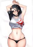  1girl absurdres armpits arms_up ass_visible_through_thighs asymmetrical_clothes bangs bed_sheet belly black_eyes black_hair black_panties blunt_bangs blush breasts brown_hair collar eyepatch genderswap genderswap_(mtf) highres hwoarang_(tekken) johwa_(1n33dyour1ov3) large_breasts looking_at_viewer lying muffin_top multicolored_hair navel no_pants on_back one-eyed panties print_shirt shiny shiny_skin shirt short_hair slender_waist solo spiked_collar spikes streaked_hair sweatdrop t-shirt tekken tekken_7 thigh_gap thighs underwear wide_hips 