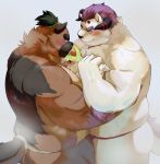  2020 anthro asian_clothing behemoth_(housamo) belly blush bodily_fluids brown_body brown_fur canid canine canis clothing cricetid domestic_dog east_asian_clothing fundoshi fur green_body green_fur group hamster hi_res humanoid_hands japanese_clothing male male/male mammal merdekyle7 merfiller_(artist) overweight overweight_male rodent scar sweat tokyo_afterschool_summoners underwear video_games white_body white_fur yasuyori 