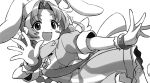  1girl :d animal_ears bangs blush_stickers bow bracelet bunny_ears commentary_request dress eyebrows_visible_through_hair fake_animal_ears fang gloves greyscale hair_bow happy hat jewelry long_hair looking_at_viewer magical_girl monochrome nakahara_komugi nurse_cap nurse_witch_komugi-chan open_mouth parted_bangs sayshownen shiny shiny_hair smile solo waving white_background wings 