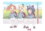  3girls amano_pikamee bag black_hair blonde_hair crab fangs fire flame highres hikasa_tomoshika jitomi_monoe multiple_girls open_mouth owlsoda red_eyes red_hair school_bag sharp_teeth short_hair skirt teeth twintails virtual_youtuber voms walking white_skirt yellow_eyes younger 