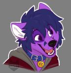  anthro blue_hair canid canine clothing collar fox fur hair intifox male mammal montyfox open_mouth purple_body purple_fur purple_skin simple_background solo 