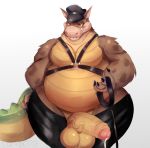  activision anthro balls belly big_balls big_penis bodily_fluids bulge canid canine canis clothed clothing collar crash_bandicoot_(series) crashbandicoot(series) crocodile crocodilian crocodylid dingo dingodile fur genital_fluids genitals hat headgear headwear hi_res hybrid leather_daddy male mammal overweight overweight_anthro overweight_male penis precum reptile rubber sad_tomato scalie simple_background solo teeth video_games 
