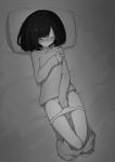  1girl absurdres barefoot black_hair closed_eyes clothed_masturbation commentary eyebrows_visible_through_hair from_above fukutchi grabbing_own_breast greyscale groping highres hood hood_down hoodie kouhai-chan_(fukutchi) lying masturbation masturbation_day medium_hair monochrome on_back on_bed original panties pants pants_pull panty_pull parted_lips petite pillow solo underwear 