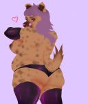  &lt;3 anthro armwear big_breasts big_butt boots breasts brown_body brown_fur butt clothed clothing colored coolsoska digital_drawing_(artwork) digital_media_(artwork) elbow_gloves female footwear fur gloves hair handwear hi_res hyaenid kiera_southpaw legwear long_hair looking_at_viewer looking_back mammal mature_female nipples overweight overweight_anthro overweight_female partially_clothed purple_hair raised_tail shaded simple_background slightly_chubby solo spots spotted_body spotted_fur spotted_hyena thigh_boots thigh_highs tongue tongue_out underwear 