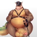  activision anthro balls belly big_balls big_penis bodily_fluids bulge canid canine canis clothed clothing collar crash_bandicoot_(series) crashbandicoot(series) crocodile crocodilian crocodylid dingo dingodile fur genital_fluids genitals hat headgear headwear hi_res hybrid leather_daddy male mammal overweight overweight_anthro overweight_male penis precum reptile sad_tomato scalie simple_background solo teeth video_games 