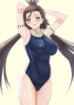  1girl arms_behind_head bare_shoulders blue_swimsuit blush body_markings breasts facial_mark fate/grand_order fate_(series) forehead forehead_mark highres higofushi himiko_(fate) long_hair looking_at_viewer magatama magatama_necklace one-piece_swimsuit school_swimsuit swimsuit topknot 