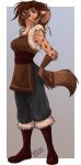 2020 accessory anthro arm_tuft armor boots border breasts brown_eyes brown_hair cheek_tuft chest_tuft clothed clothing conditional_dnp ear_piercing ear_ring elbow_tufts facial_tuft feather_in_hair feathers female footwear fur gnoll grey_background hair hair_accessory hand_on_hip hyaenid inner_ear_fluff looking_at_viewer mammal piercing simple_background smile solo spots spotted_body spotted_fur standing tuft vambraces vilani white_border 