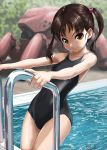  1girl black_one-piece_(module) breasts brown_eyes brown_hair competition_swimsuit highres looking_at_viewer mecha one-piece_swimsuit original pool pool_ladder robot rohitsuka school_swimsuit small_breasts solo swimsuit thighs twintails wet wet_hair 