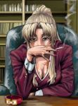  1girl ashtray balalaika_(black_lagoon) black_lagoon blonde_hair blue_eyes bookshelf breasts burn_scar chair cigarette cleavage commentary_request covered_mouth facial_scar highres large_breasts mimiyama_kiichi mole mole_under_eye nail_polish office_chair red_nails red_suit scar sitting smoke smoking solo suit_jacket 