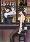  2girls absurdres alternate_costume animal_ear_fluff animal_ears arm_at_side arms_up ass atago_(azur_lane) azur_lane bangs bar bar_stool bare_shoulders bbdaoa_(1446759744) black_bow black_hair black_legwear black_leotard black_neckwear black_vest bottle bow bowtie breasts bunny_tail closed_eyes closed_mouth cocktail_shaker commentary_request cup detached_collar drink eyebrows_visible_through_hair fake_tail feet_out_of_frame from_side gloves hair_bow hair_ribbon high_ponytail highres indoors leotard long_hair long_sleeves looking_at_viewer looking_to_the_side medium_breasts multiple_girls pantyhose parted_lips red_eyes ribbon shirt sitting stool strapless strapless_leotard tail takao_(azur_lane) v-shaped_eyebrows very_long_hair vest white_bow white_gloves white_ribbon white_shirt wrist_cuffs 