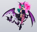  1girl ? animal_print asymmetrical_legwear bangs bare_shoulders bat bat_print bat_wings black_footwear black_legwear boots breasts cleavage demon_girl eyepatch full_body green_eyes green_hair grey_background head_wings large_breasts leg_up long_hair looking_at_viewer low_wings moon morrigan_aensland open_mouth pink_moon print_legwear purple_legwear simple_background single_thighhigh smile solo succubus thighhighs vampire_(game) wings zambiie 