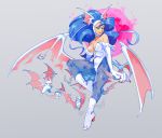  1girl ? adapted_costume aqua_eyes bangs bare_shoulders bat bat_wings big_hair blue_hair blue_legwear boots breasts cat_cutout cleavage clothing_cutout cosplay demon_girl felicia_(vampire) felicia_(vampire)_(cosplay) full_body grey_background head_wings large_breasts leg_up long_hair looking_at_viewer low_wings moon morrigan_aensland open_mouth paw_print pink_moon print_legwear simple_background smile solo succubus vampire_(game) white_footwear wings zambiie 