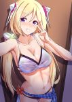  1girl :d against_door aki_rosenthal bikini blonde_hair breasts cleavage hair_ornament haruka_kuromiya highres hololive looking_at_viewer navel open_mouth purple_bikini purple_eyes sarong self_shot smile solo swimsuit twintails v virtual_youtuber 