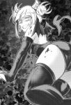  1girl all_fours ass bangs blood blood_on_face blunt_bangs boku_no_hero_academia bridal_gauntlets crazy_eyes crazy_smile demon_girl demon_tail double_bun elbow_gloves fangs gloves greyscale grin halloween_costume highres looking_at_viewer looking_back messy_hair monochrome nstime23 smile solo succubus tail thighhighs toga_himiko 