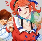  1girl bangs blue_ribbon breasts chicken_leg choker cleavage detached_sleeves food fried_chicken gradient_hair green_hair holding holding_food hololive hololive_english large_breasts long_hair long_sleeves multicolored_hair one_eye_closed orange_hair pink_eyes puffy_long_sleeves puffy_sleeves ribbon ribbon_choker solo takanashi_kiara tongue tongue_out upper_body virtual_youtuber white_sleeves zambiie 
