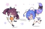  /\/\/\ 2girls ahoge ball bangs black_bow black_buruma black_legwear blue_hair blush bow brown_hair buruma chibi commentary_request gradient_hair gym_shirt gym_uniform hair_between_eyes hair_bow hair_ornament hairclip headgear highres long_hair milkpanda multicolored_hair multiple_girls otomachi_una ponytail puffy_short_sleeves puffy_sleeves purple_hair red-framed_eyewear semi-rimless_eyewear shadow shirt shoes short_sleeves socks solid_oval_eyes starry_background talkex throwing touhoku_kiritan twintails under-rim_eyewear very_long_hair voiceroid white_background white_footwear white_shirt 