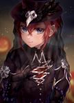  1boy absurdres bangs black_feathers blue_eyes blush buttons gloves halloween hat highres looking_at_viewer plague_doctor_mask red_hair ribbon riddle_rosehearts syatihoko twisted_wonderland white_ribbon 