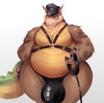  activision anthro belly bulge canid canine canis clothed clothing collar crash_bandicoot_(series) crocodile crocodilian crocodylid dingo dingodile fur hat headgear headwear hi_res hybrid leather_daddy male mammal overweight overweight_anthro overweight_male reptile sad_tomato scalie simple_background solo teeth underwear video_games 